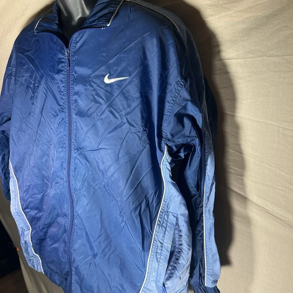 Vintage Nike Windbreaker Track Jacket Blue Big Spellout Logo Youth Size M 8-10